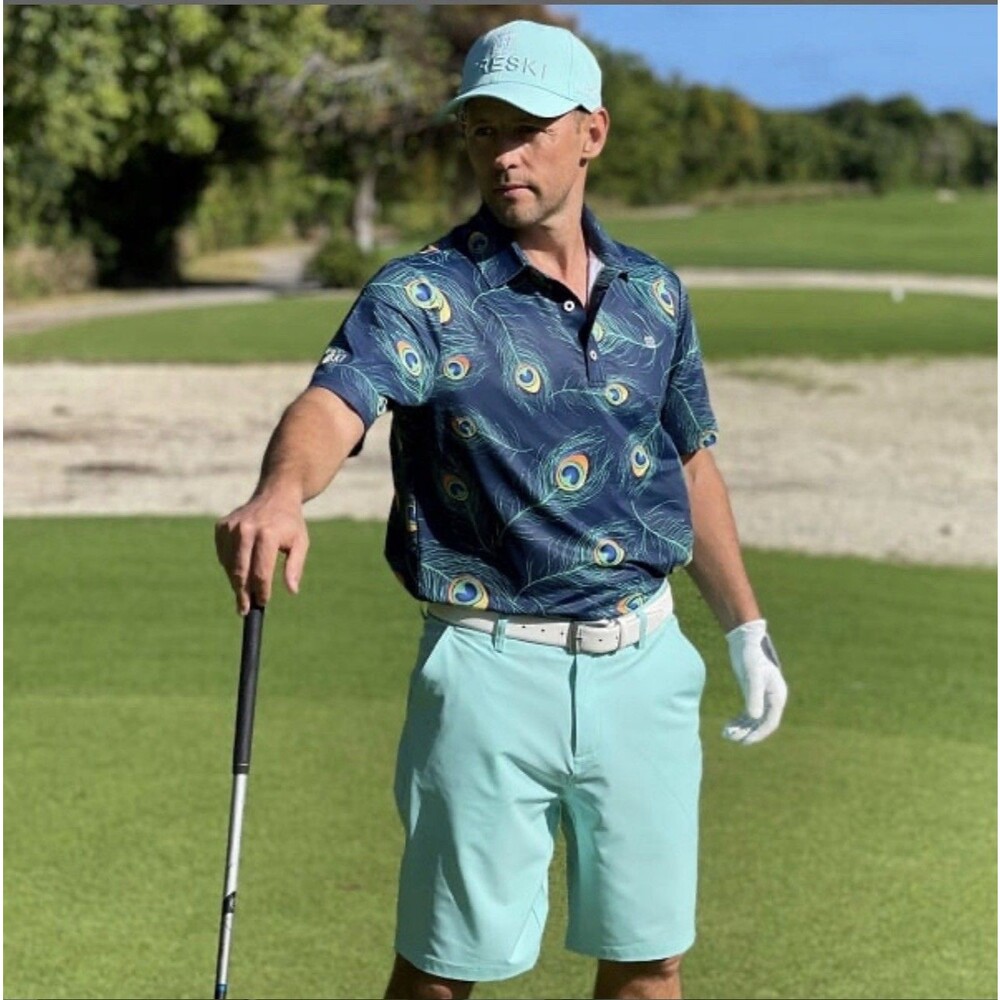 Hreski Polo Shirt Mens XXL Green Golf Performance Peacok Feather Print